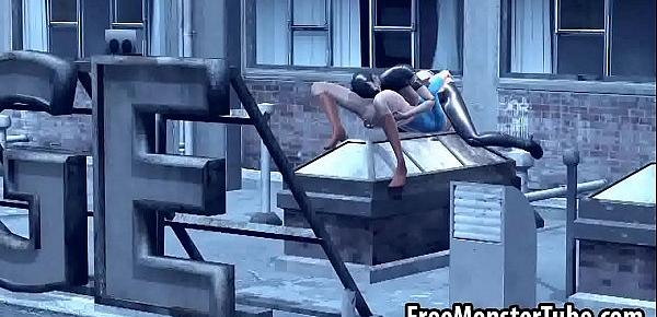  3D Catwoman licking Supergirls wet pussy on a roof